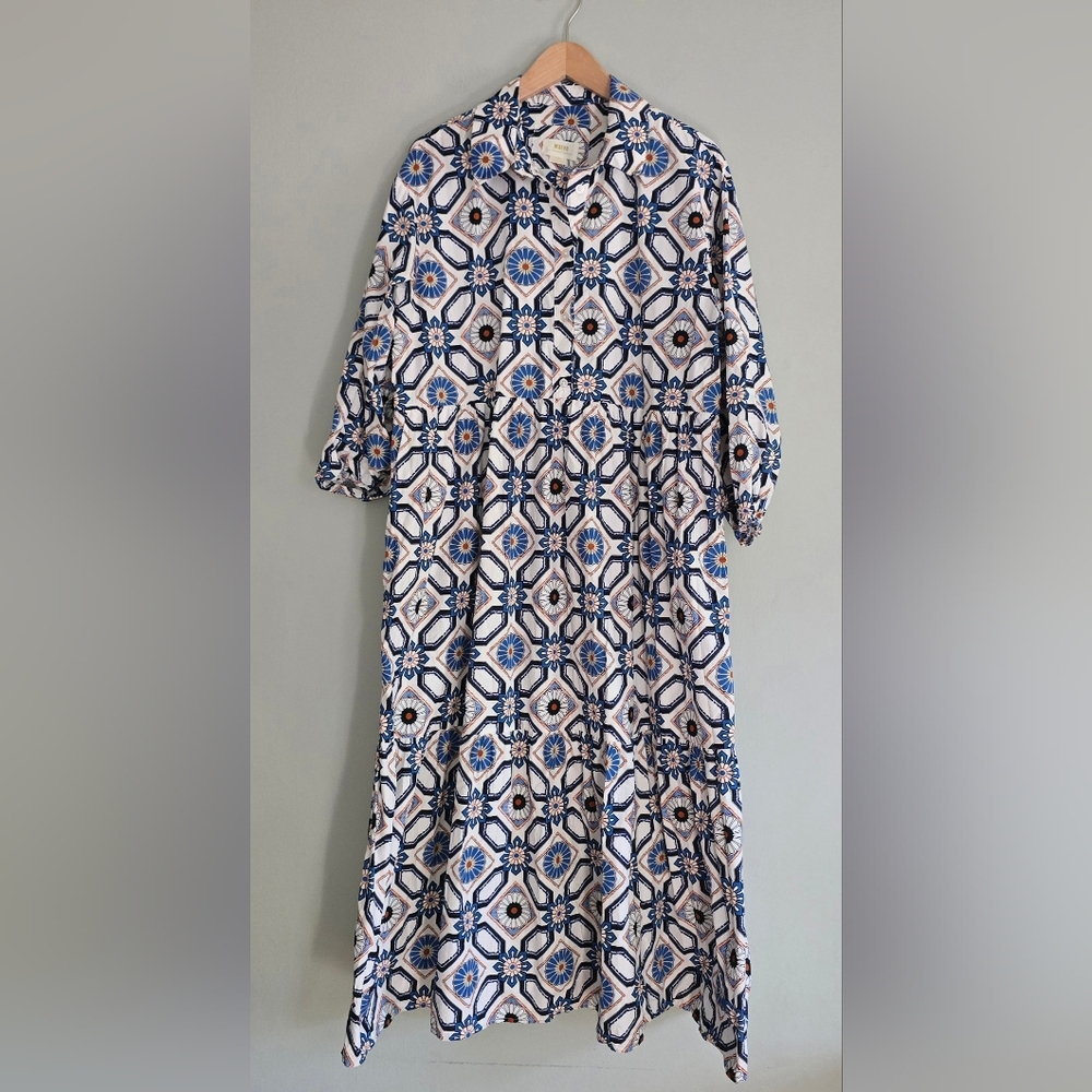 Anthropologie Maeve The Bettina in Sapphire White Tile Tiered Shirt Dress, Large - Picture 3 of 13